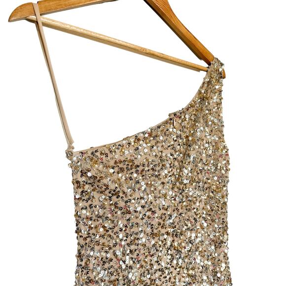 Mac Duggal NEW One Shoulder Sequin Embellished High Slit Maxi Gown Champagne 4 - Picture 6 of 16